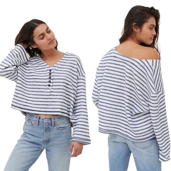 Urban Outfitters Relaxed Fit Striped Henley Sweater Top Medium Coastal Fisherman - Picture 1 of 7